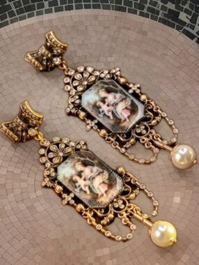 Vintage Estate Baroque Palace Crystal Pearl Oil Painting Gold Drop Earrings
